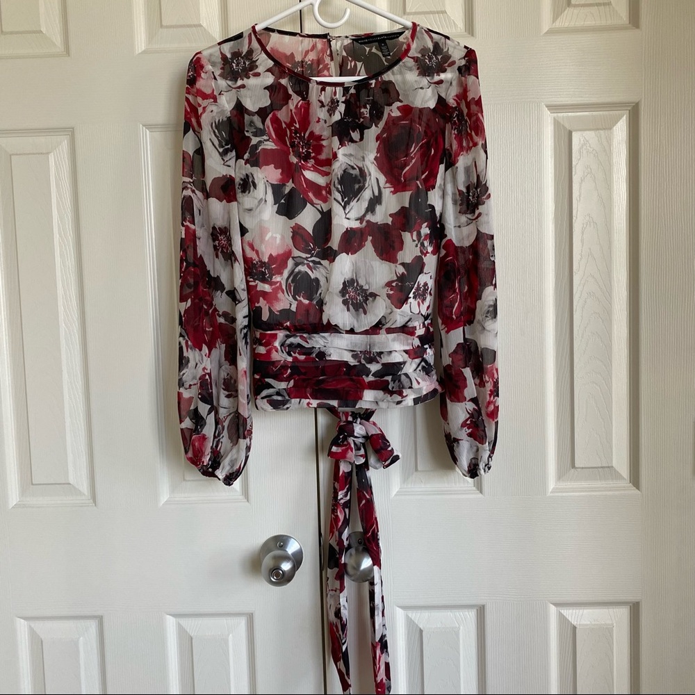 WHBM Floral Long-sleeve Blouse with Banded Waist & Waist Tie Size 0